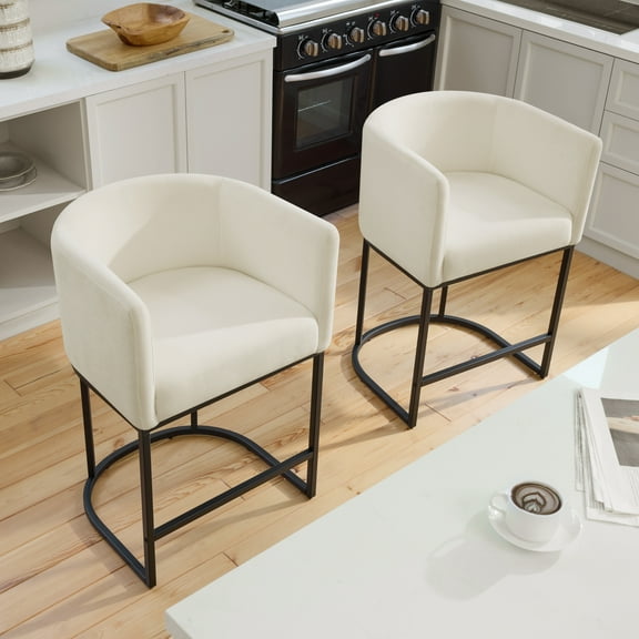 Spruce & Spring Modern Barrel-Back Upholstered Counter Stool with Wide Seat for Kitchen Island or Home Bar Set of 2, Ivory