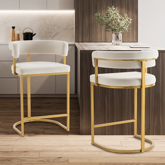 Modern Barrel Bar Stools Set Of 2, Counter Height Stools 25.6" Velvet Counter Stools, Modern Barrel Bar Stools with Comfy Back And Arms, Sherpa Upholstered Kitchen Island Barrel Chair, White