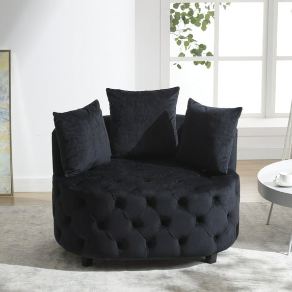Modern Barrel Chair, Round Oversized Barrel Chairs, Sofa Lounge Accent Chair, Velvet Leisure Sofa Chair, Comfy Leisure Chair with 3 Pillows for Living Room Bedroom Hotel Office, Black
