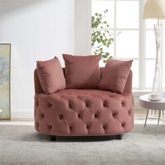 Modern Barrel Chair, Round Oversized Barrel Chairs, Sofa Lounge Accent Chair, Velvet Leisure Sofa Chair, Comfy Leisure Chair with 3 Pillows for Living Room Bedroom Hotel Office, Pink