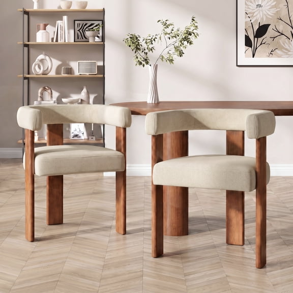 Modern Barrel Dining Chairs Set of 2, Chenille Upholstered Dining Arm Chairs with Wood Legs, for Dining Room, Living Room, Kitchen, Bedroom, Beige