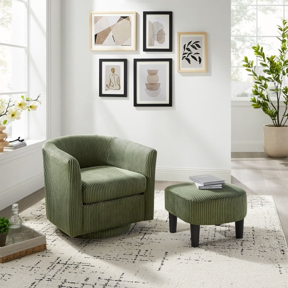 Modern Barrel Swivel Chair, 360 Degree Swivel Accent Chair, Single Sofa with Ottoman, Corduroy Fabric Armchair, Upholstered Tufted Round Accent For Bedroom