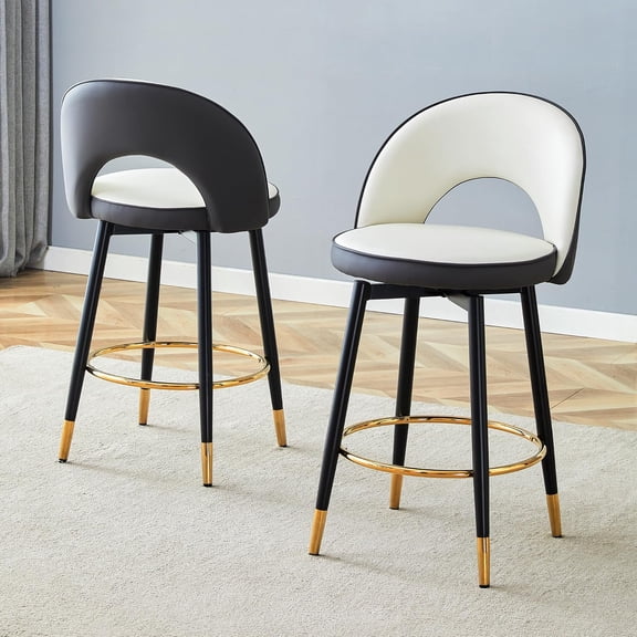 Modern Barstools Set of 2, 25" Bar Height, 360° Swivel Faux Leather Stool Chairs with Backrest and Footrest for Kitchen Island, Cafe, Pub & Bar Counter (White+Black, Set of 2)