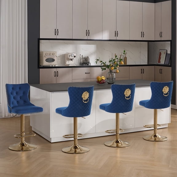 Modern Barstools Set of 4 Adjustable Velvet Bar Stools Counter Height Stools with Back, Upholstered Swivel Bar Chair with Golden Base and Footrest for Kitchen Island/Dining Room, Navy Blue