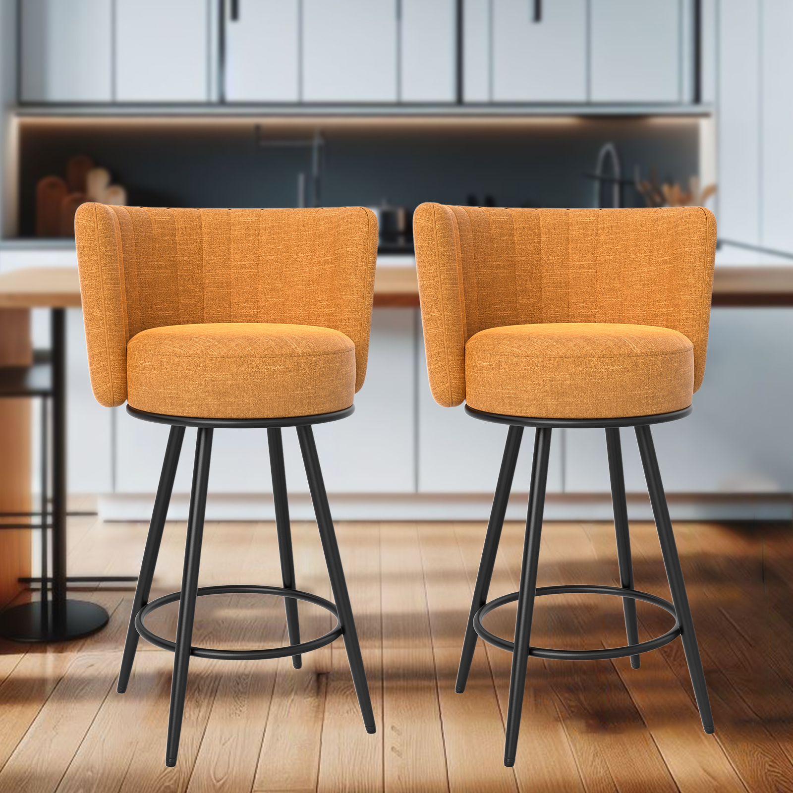 Modern Barstools Set of 2 Counter Height with Full Back, Linen Padded