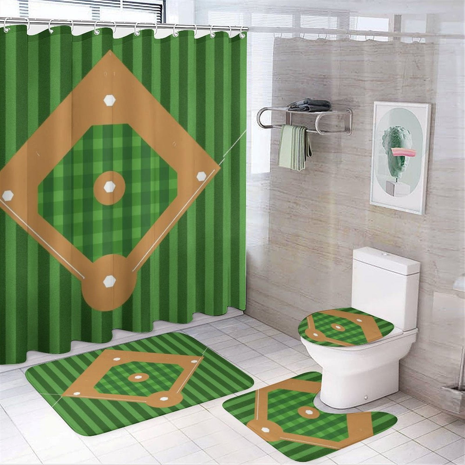Modern Baseball Field Pattern (1)-1 Shower Curtain Sets Non-Slip Rugs Bath Mat Toilet Cover U Shaped Mat 4 Pcs