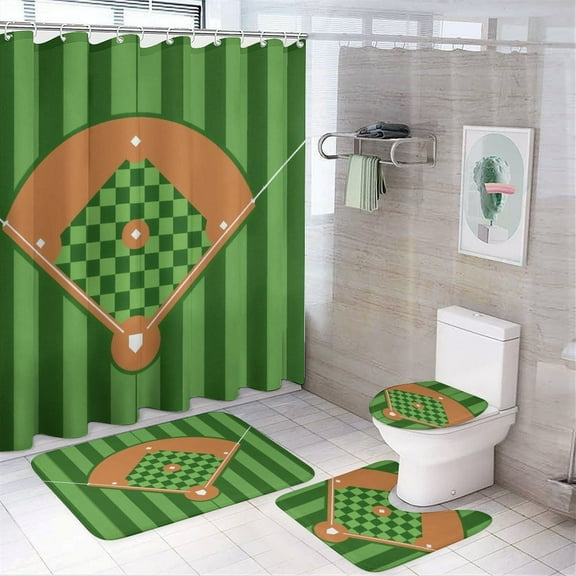Modern Baseball Field Pattern (1)-2 Shower Curtain Sets Non-Slip Rugs Bath Mat Toilet Cover U Shaped Mat 4 Pcs