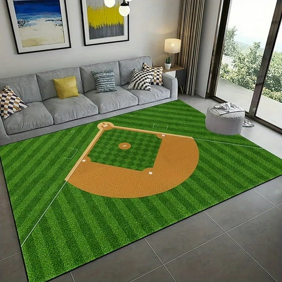 Modern Baseball Field Pattern Area Rug Comfortable Green Carpet Living Room Kitchen Bedroom and Laundry Room Home Decor and Room