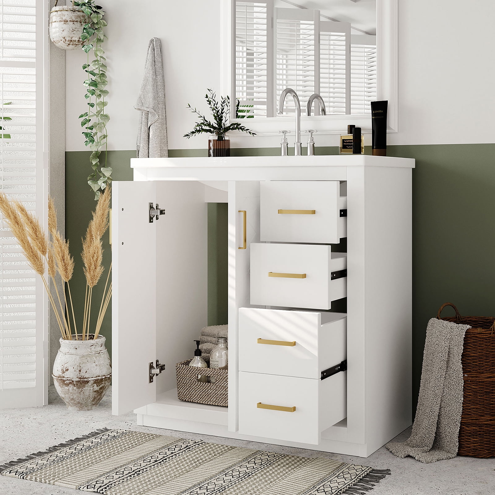 Modern Bathroom Cabinet, Vanity Bathroom With Top Sink, 3 Drawers, Soft Closing Door 30 ...
