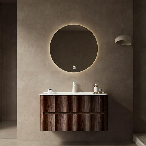 Modern Bathroom Cabinet Vanity Drain. 36" Floating. 2 Drawers. White Ceramic Basin & Hole Cover. Pre-assembled. Retro Walnut Relax Sink . Floating Cabinet. With Style