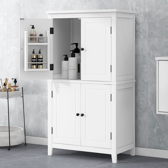 Modern Bathroom Cabinet with 4 Doors & None Shelves, MDF Build, Water-Resistant White & Tan Built for Everyday Comfort & Style