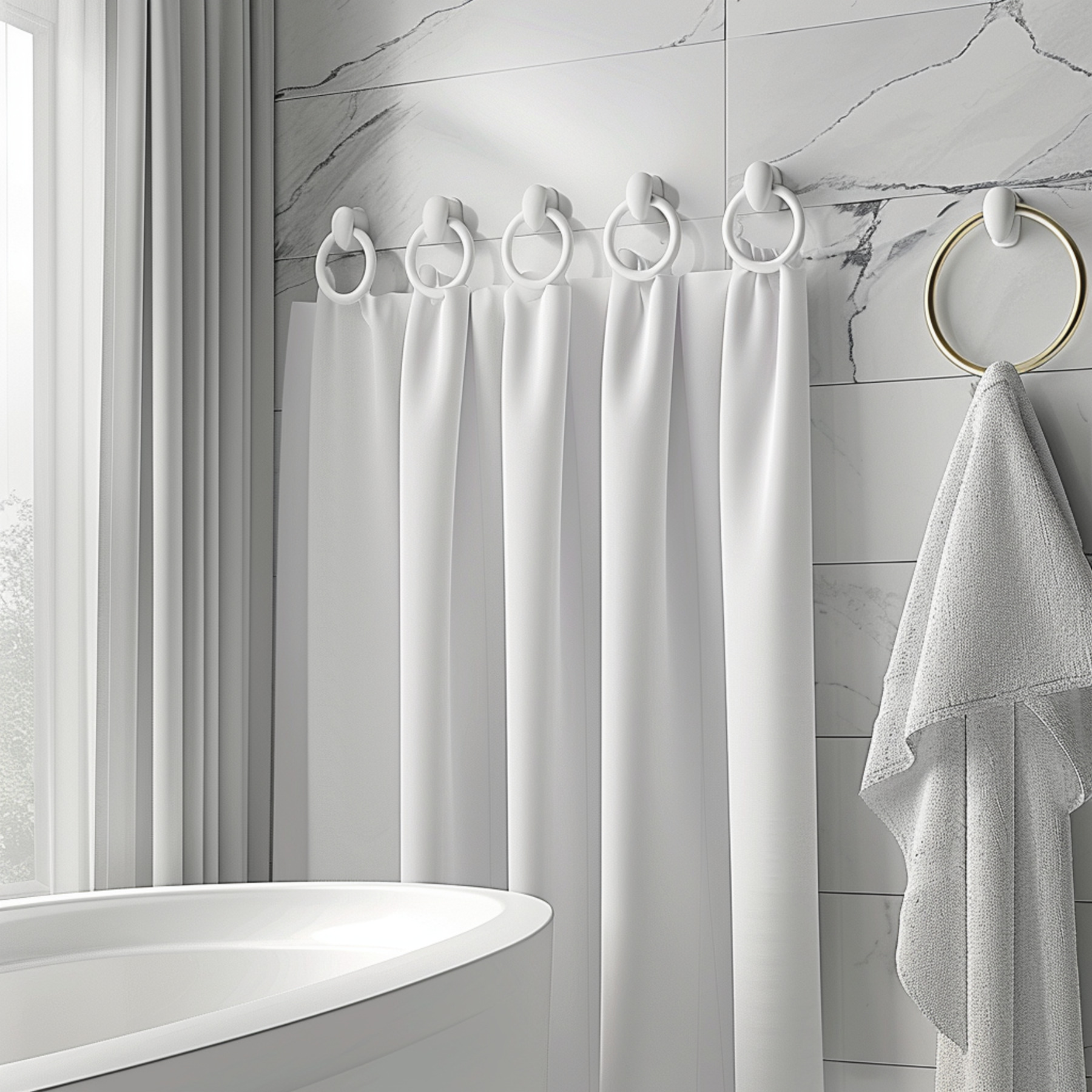 Modern Bathroom Curtain Rings Set with Ring Marble Tiles White and Calm Clean Interior