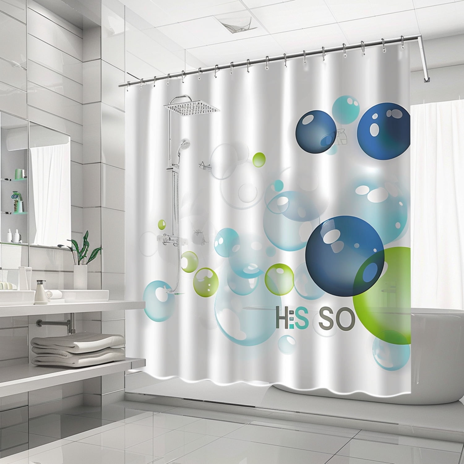 Modern Bathroom Curtain with HSSO Print Blue and Green Bubble Design ...