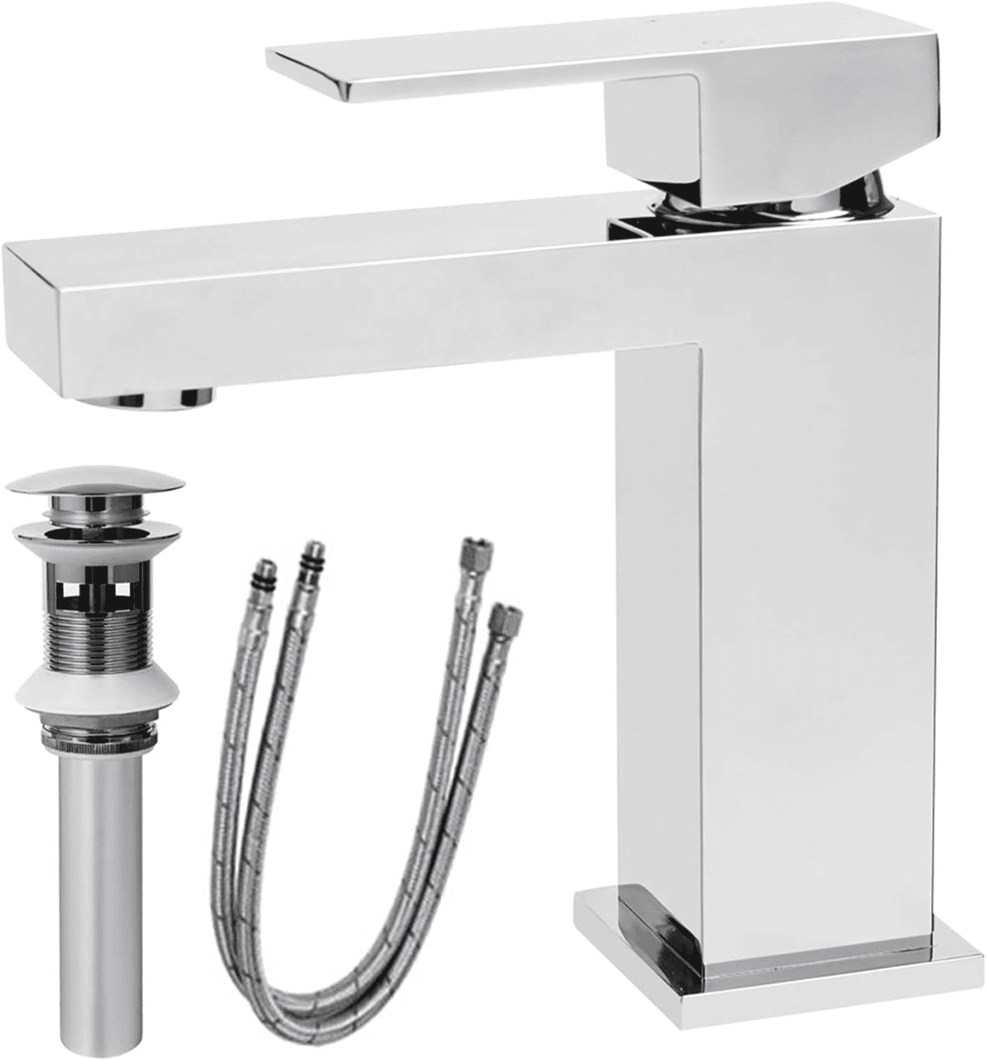 Modern Bathroom Faucet, Single Hole Chrome Bathroom Faucet, Solid Brass Chrome Polished Bathroom Sink Faucet, Single Handle Square Bathroom Faucet with Pop-up Drain