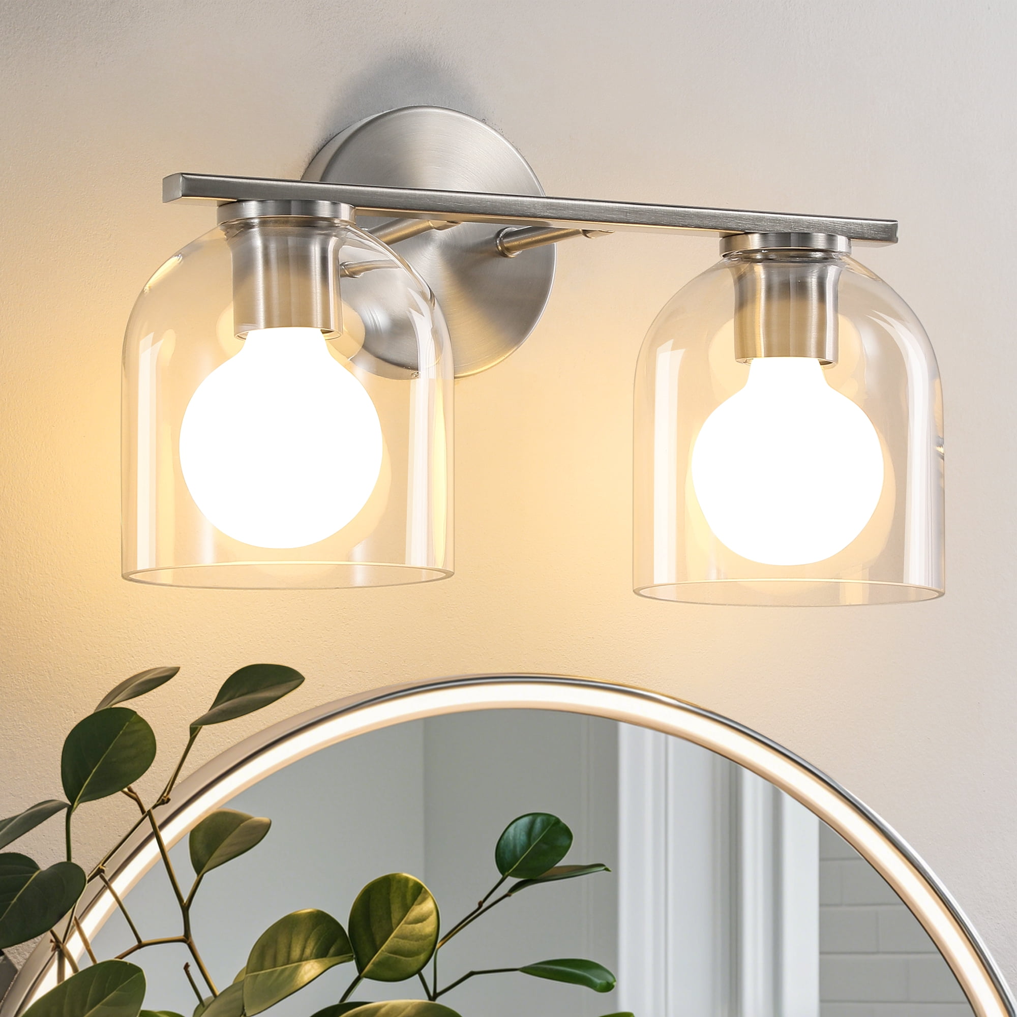 Modern Bathroom Light Fixtures, 2 Light Vanity Lights Over Mirror, Brushed Nickel Wall Lamp with Clear Glass Shade for Living Room Cabinet Bedroom Porch