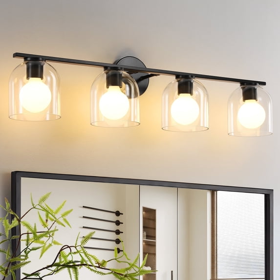 Modern Bathroom Light Fixtures, 4 Light Vanity Lights Over Mirror, Black Wall Lamp with Clear Glass Shade for Living Room Cabinet Bedroom Porch