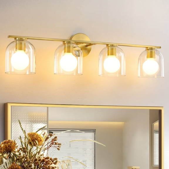 Modern Bathroom Light Fixtures, 4 Light Vanity Lights Over Mirror, Gold Wall Lamp with Clear Glass Shade for Living Room Cabinet Bedroom Porch