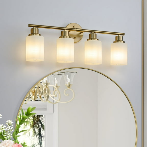 Modern Bathroom Light Fixtures Over Mirror, 4-Light 24.4in Vanity Lights ,Milky White Glass Shades, Wall Sconces Gold