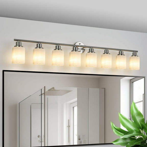Modern Bathroom Light Fixtures Over Mirror, 8-Light 52.0in Vanity Lights ,Milky White Glass Shades, Wall Sconces Brushed Nickel
