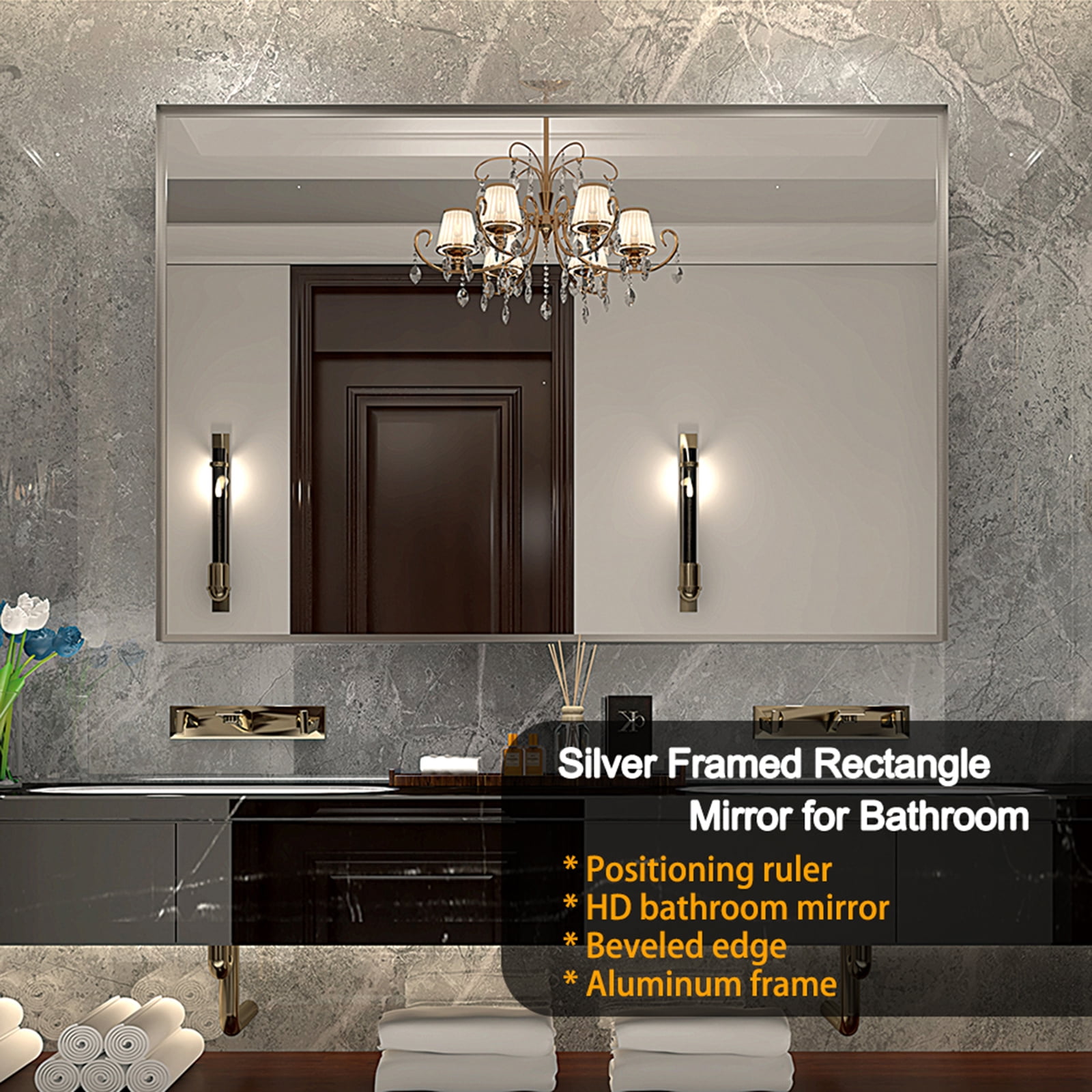Modern Bathroom Mirror, 30x36 Inches Gloss Brushed Silver Frame Vanity ...