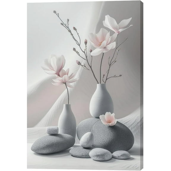 Modern Bathroom Pictures Wall Decor Zen Flowers Paintings Canvas Black and White Wall Art Pebble Stone Spa Artwork Grey Blush Decorations for Meditation Spiritual Yoga Bedroom Living Room