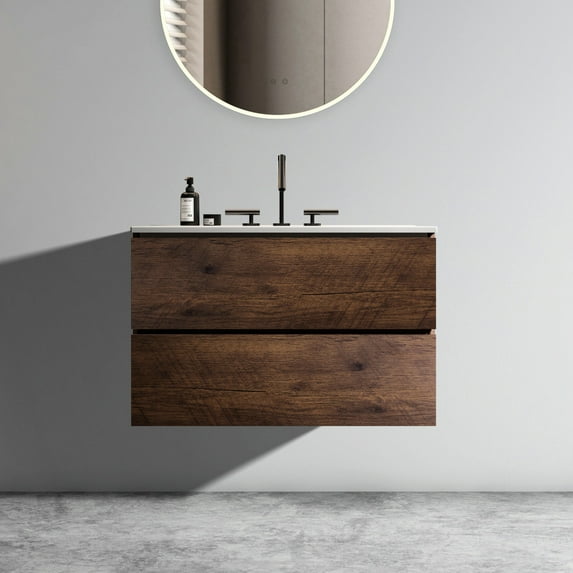 Modern Bathroom Sink Vanity 30" Walnut - Large Storage, Silent Drawers, Stylish Design With Ceramic Basin Contemporary Style, Abundant Inner Storage Area, Drawers