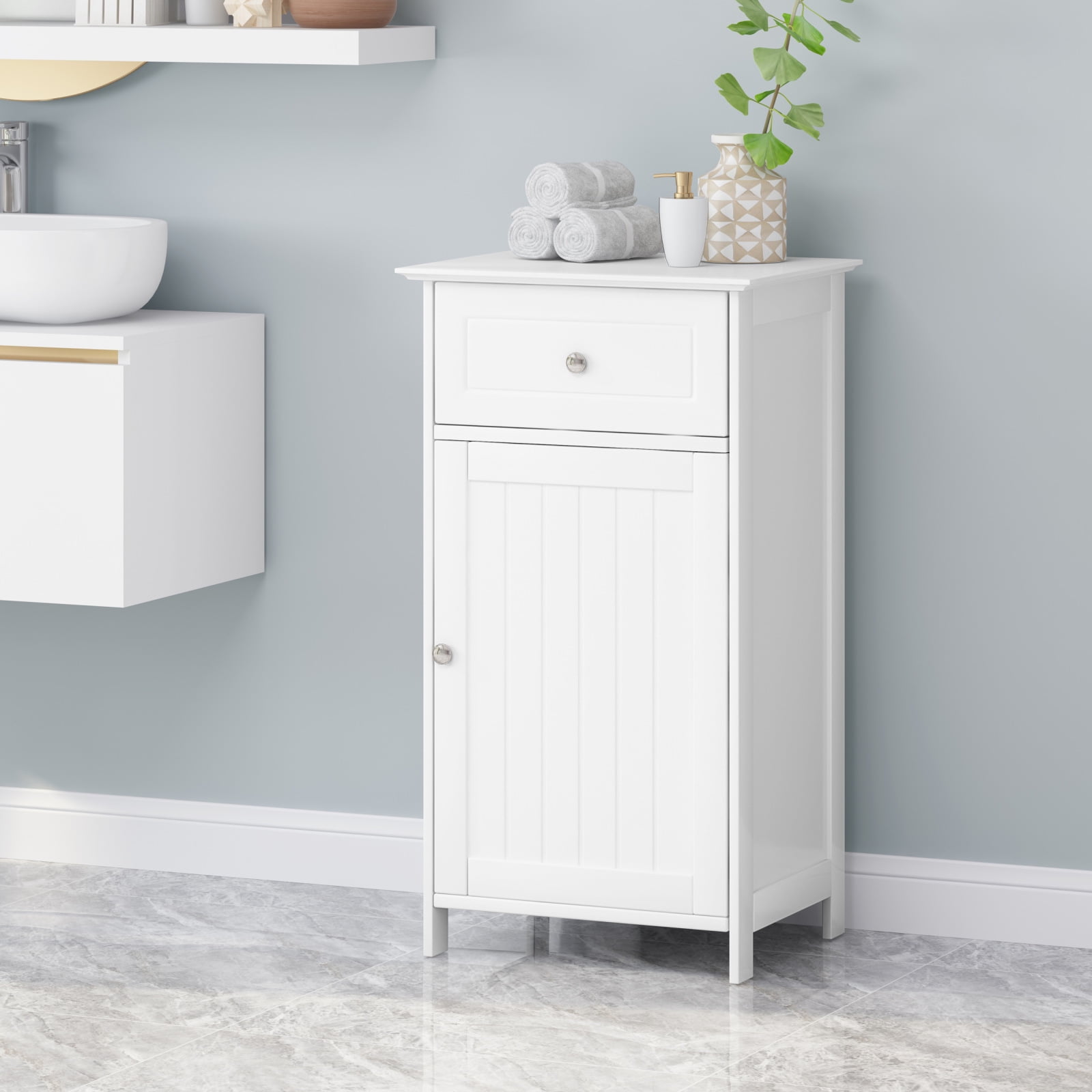 Modern Bathroom Storage Cabinet with Drawer & Shelf, Wooden Floor ...