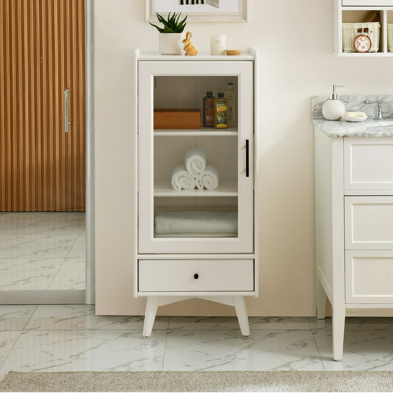 Modern Bathroom Storage Cabinet with Glass Door Freestanding Floor Cabinet with 2 Adjustable Shelves and Drawer Extra Storage Space on Top White