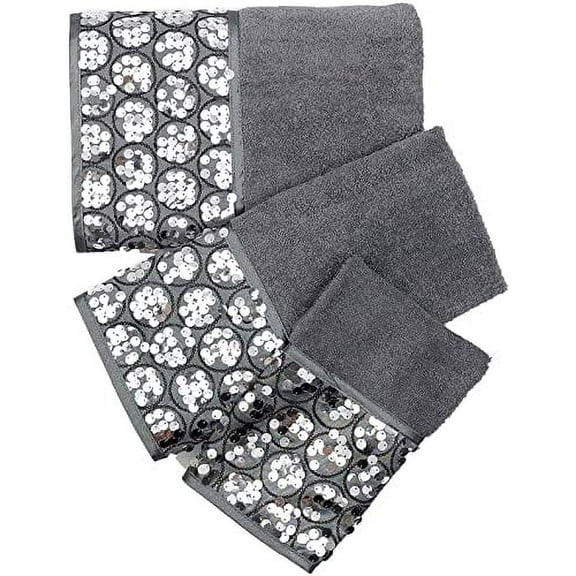 Modern Bathroom Towel Set 3 Piece Bath, Hand And Wash Towel Luxury Contemporary Decor Bling , Soft, Plush And Highly Absorbent, Silver