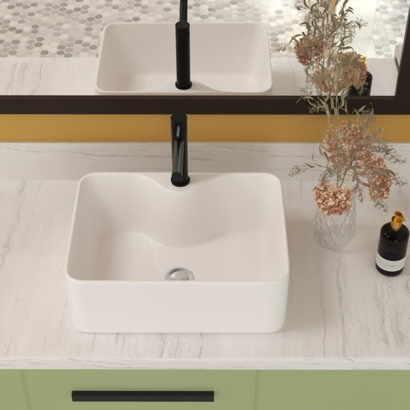 Modern Bathroom Vanity 16"x12" White Ceramic Rectangular Vessel Bathroom Sink,Wooden Bathroom Vanity