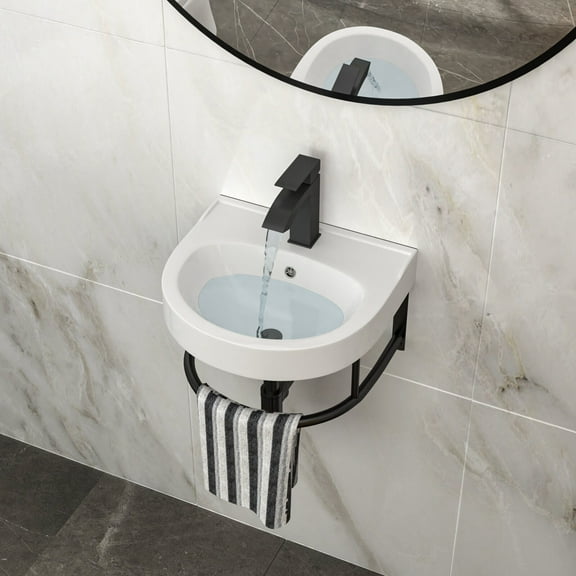 Modern Bathroom Vanity 16"x14" Wall-Mounted Ceramic Bathroom Sink with Black Towel Bar & Black Faucet,Wooden Bathroom Vanity