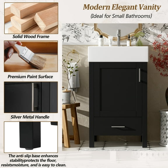 Modern Bathroom Vanity 20.28'' Black Modern Bathroom Vanity with Ceramic Sink, Solid Wood Frame, and Drawer – Ideal for Small Bathrooms.,Wooden Bathroom Vanity