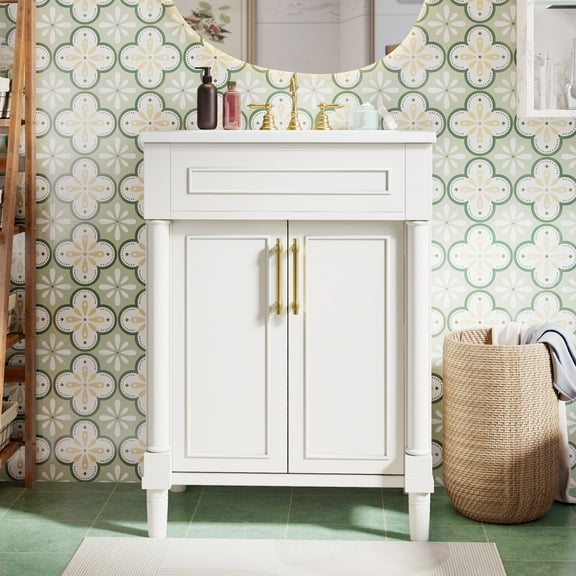 Modern Bathroom Vanity 24" Bathroom Vanity with Integrated Ceramic Sink, Bathroom Cabinet with 2 Doors, Single Sink Bathroom Vanity for Small and Medium Restroom,Wooden Bathroom Vanity