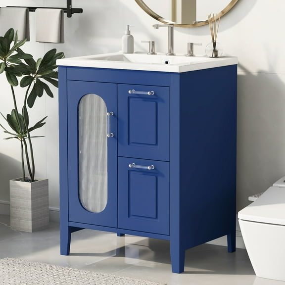 Modern Bathroom Vanity 24" Bathroom Vanity with Sink, Bathroom Vanity Cabinet with Two Drawers and Door, Adjustable Shelf, Solid Wood and MDF, Blue,Wooden Bathroom Vanity