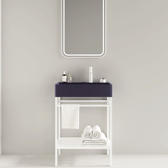 Modern Bathroom Vanity 24" Ceramic Basin - Purple & White Glossy, Scandinavian Design, Freestanding With Case Unit Glossy Rectangular Sink Console Guarded Steady Iron Shelf