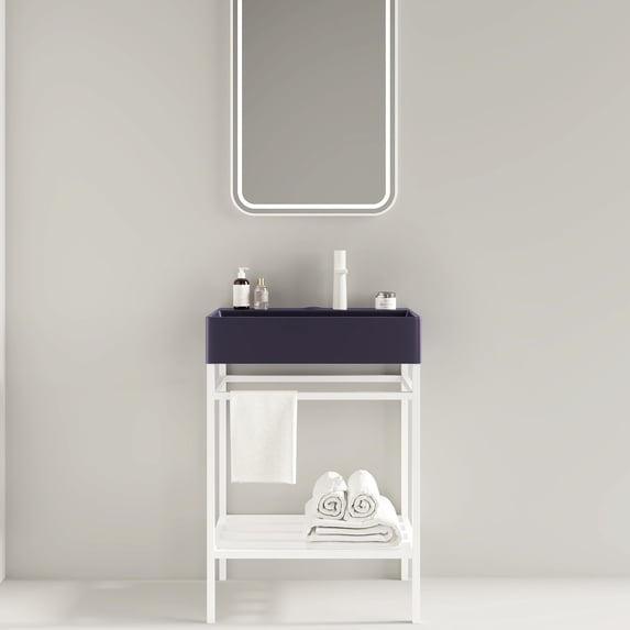 Modern Bathroom Vanity 24" Ceramic Basin - Purple & White Glossy, Scandinavian Design, Freestanding With Case Unit Glossy Rectangular Sink Console Guarded Steady Iron Shelf