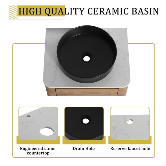 Modern Bathroom Vanity 24'' Wall-Mounted Bathroom Vanity With Ceramic Art Sink & 1-Soft-Close Door, KD-Packing, Plywood,Wooden Bathroom Vanity