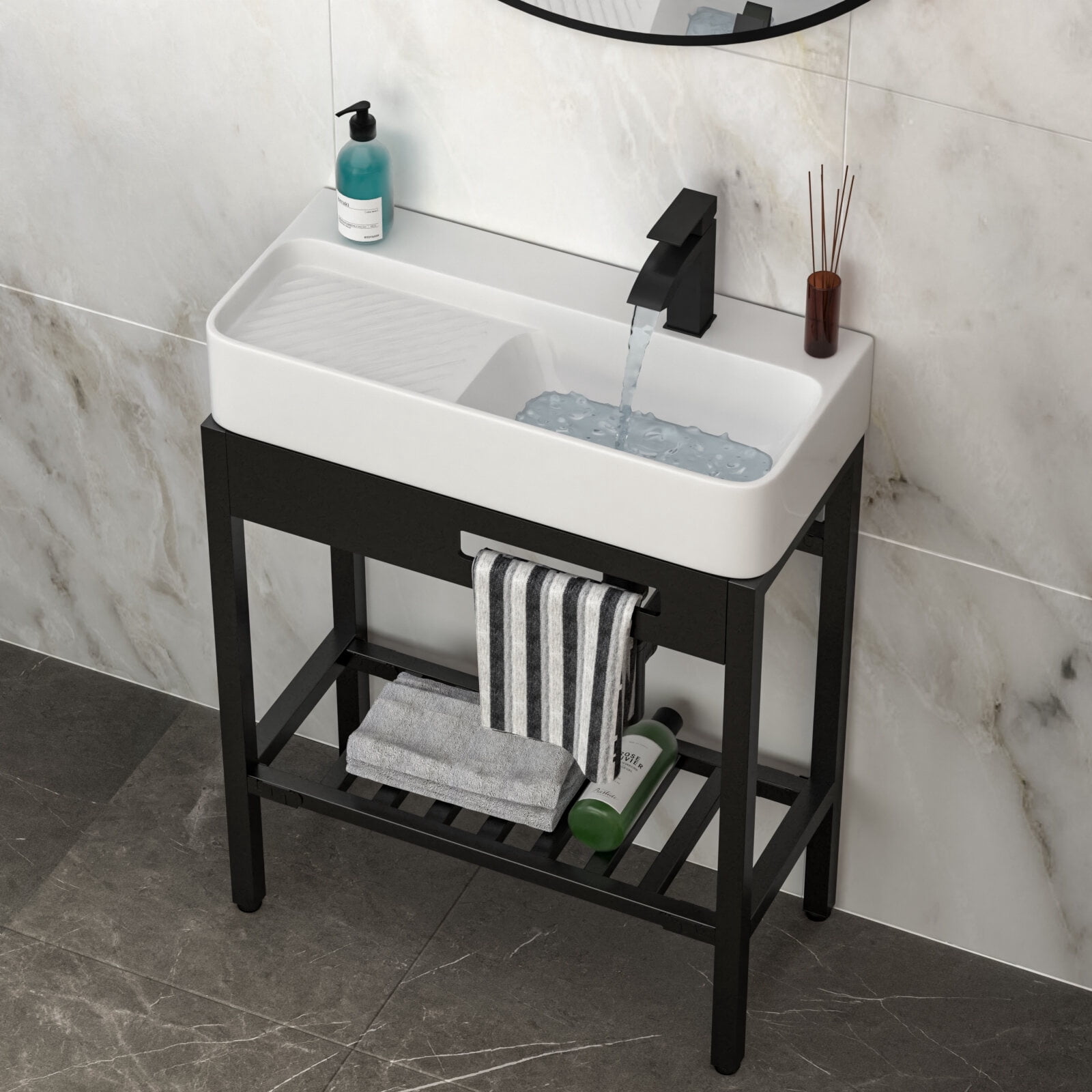Modern Bathroom Vanity 28" x 12" Vintage-Inspired Ceramic Console Sink with Built-in Washboard, Overflow & Sleek Black Legs,Wooden Bathroom Vanity