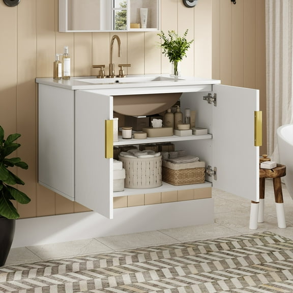 Modern Bathroom Vanity 30" Vintage Bathroom Vanity with Ceramic Sink, with 3 Holes Single Ceramic Sink, Bathroom Storage Vanity Cabinet with 2 Soft Closing Doors,Wooden Bathroom Vanity