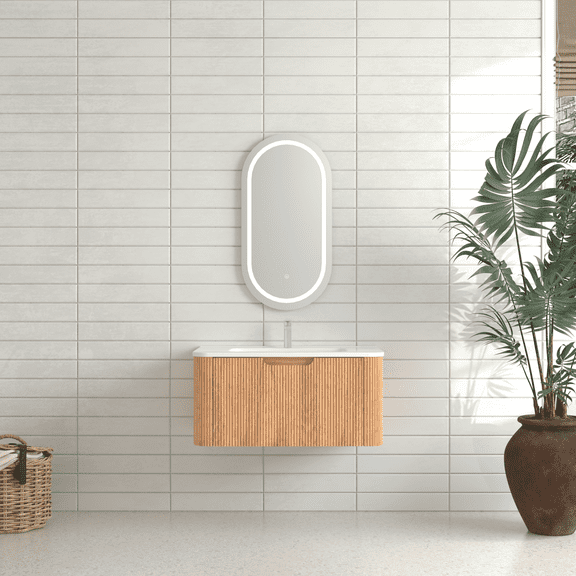 Modern Bathroom Vanity 30" Wall-Mounted Floating Solid Wood Bathroom Vanity Pre-Assembled Curved Edge Storage Bathroom Cabinet in Natural Walnut Color with White Ceramic Basin,Wooden Bathroom Vanity