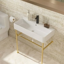 Modern Bathroom Vanity 32" Bathroom Console Sink with Overflow,Ceramic Console Sink White Basin Gold Legs,Wooden Bathroom Vanity