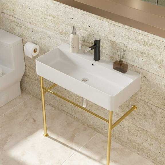 Modern Bathroom Vanity 32" Bathroom Console Sink with Overflow,Ceramic Console Sink White Basin Gold Legs,Wooden Bathroom Vanity