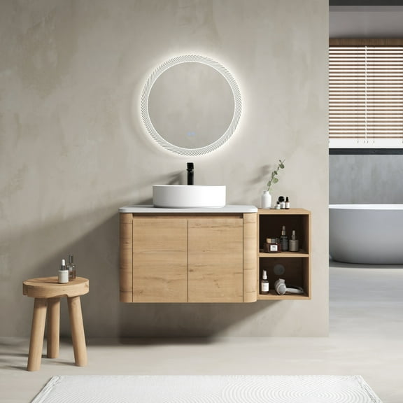 Modern Bathroom Vanity 42'' Wall-Mounted Bathroom Vanity With Ceramic Art Sink, and 1-Storage Shelves, 2-Soft-Close Door, KD-Packing, Plywood,Wooden Bathroom Vanity
