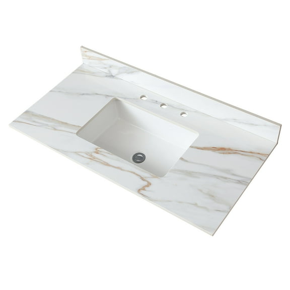 Modern Bathroom Vanity 43 Inch Marble Vanity Top, Bathroom Vanity Top with Undermount Rectangular Middle Sink and 4" Height Backsplash, Pre-Drilled 8 Inch Faucet Hole Spread Vanity Top, Carrara white