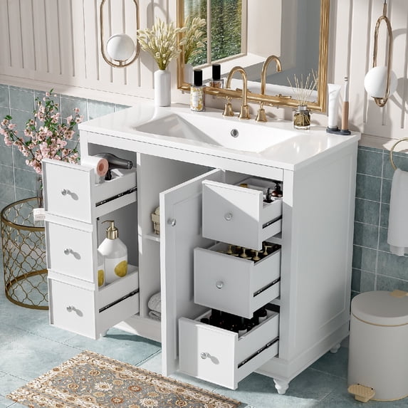Modern Bathroom Vanity with Ceramic Sink Combo with 4 Drawers and 1 Door, Versatile Storage, Adjustable Shelf, Solid Wood & MDF Frame, Faucet Not Include, White