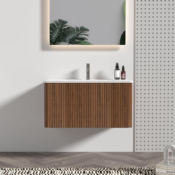 Modern Bathroom Vanity Etna 30" Striped Walnut Bathroom Vanity with White Ceramic Sink, Wall Mounted Floating Bathroom Vanity for Modern Bathroom, KD,Wooden Bathroom Vanity