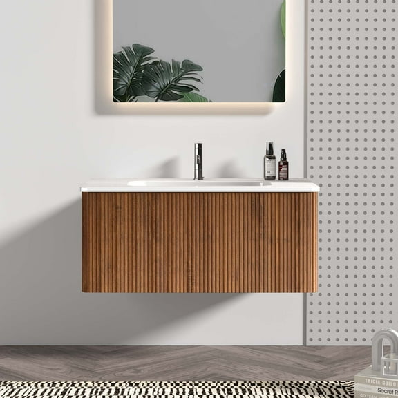 Modern Bathroom Vanity Etna 36" Striped Walnut Bathroom Vanity with White Ceramic Sink, Wall Mounted Floating Bathroom Vanity for Modern Bathroom, KD,Wooden Bathroom Vanity