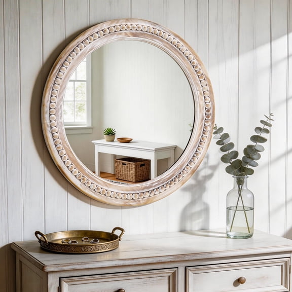 VIXNORYT 27" Modern Round Mirror with Solid Wood Frame, Beaded Design Includes Screws and Wall Anchors for Wall Table Desk