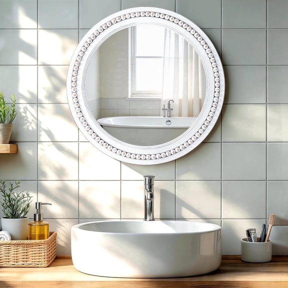 27 Inch Round Mirror with White Solid Wood Frame, Beaded Design Includes Screws and Wall Anchors for Wall
