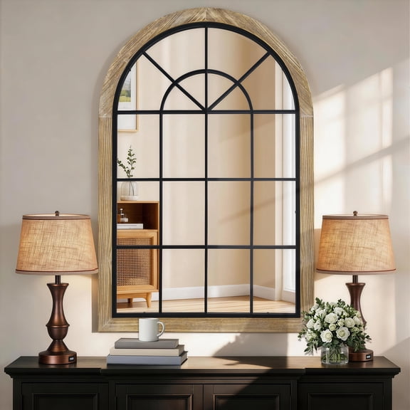 VIXNORYT Arched Mirror with Solid Wood & Iron Frame, 24"W x 36"H, Wall Mounting